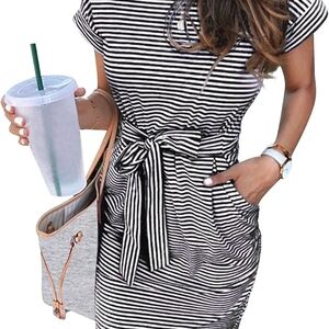 Black and White Tie Front Midi Dress with Raglan Sleeves